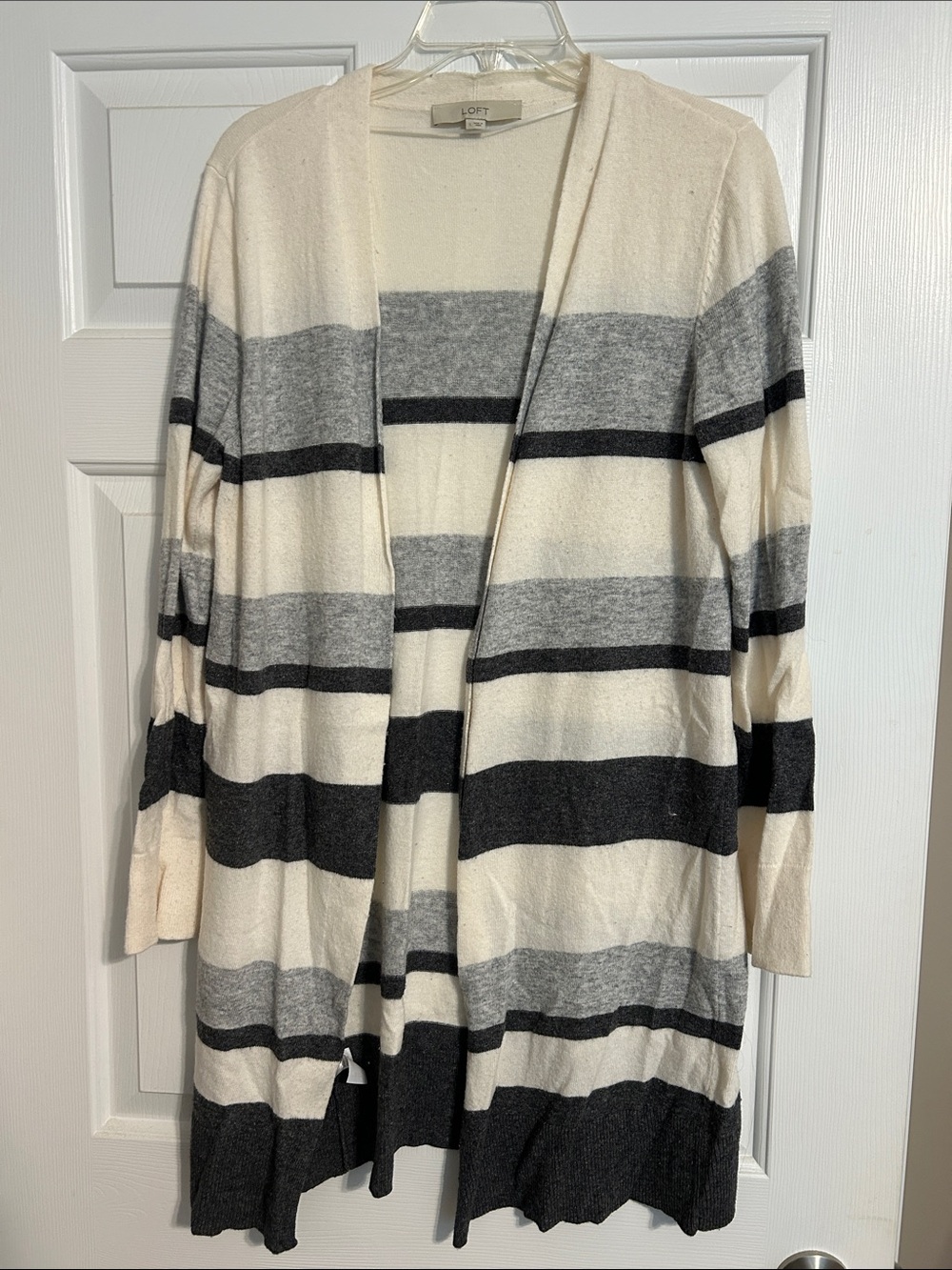 LOFT Cream, Gray & Black Striped Open-Front Cardigan